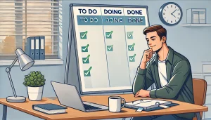 Có một người ngồi trên bàn làm việc